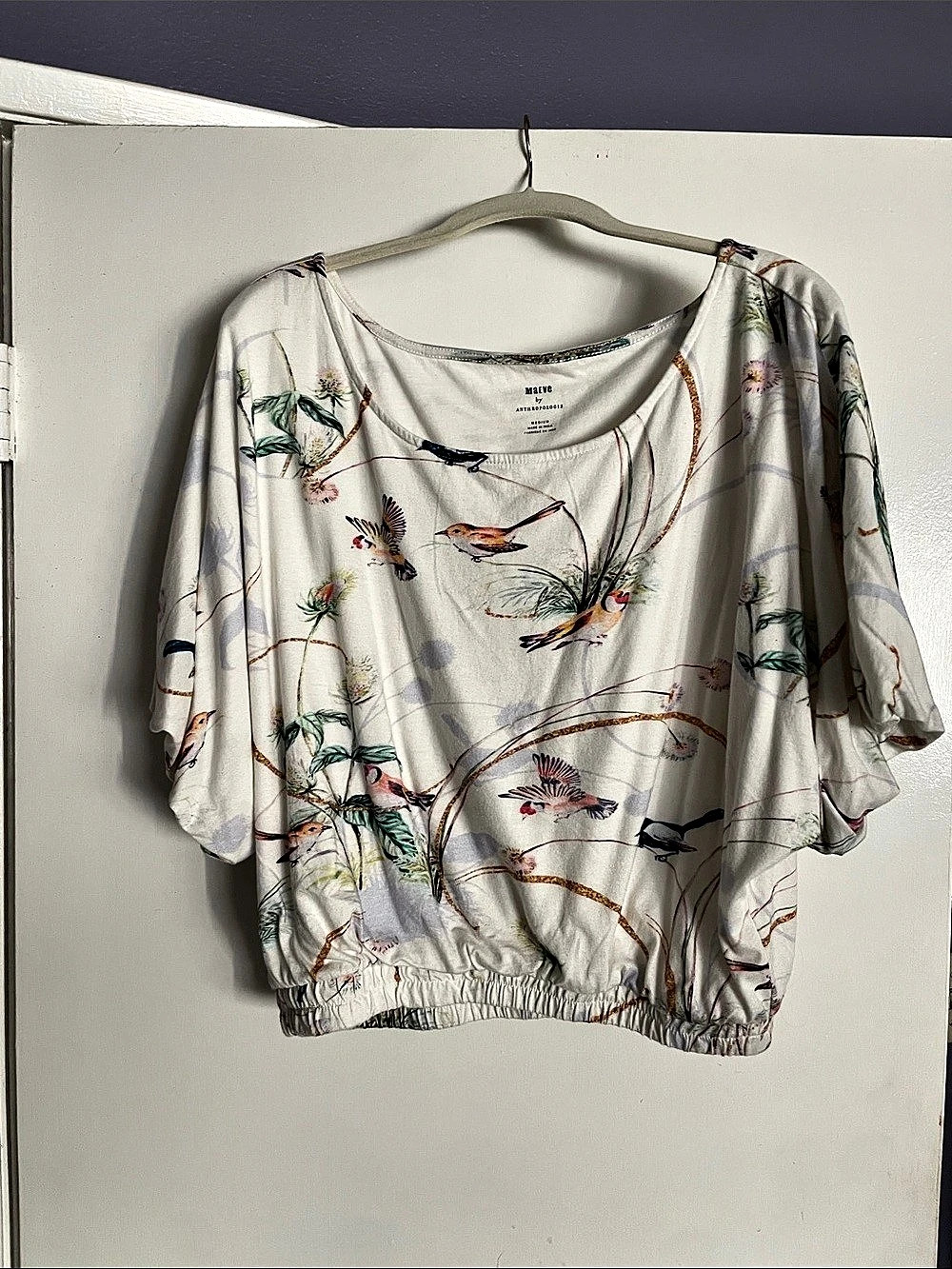 Maeve by Anthropologie Bird Print Blouse White & Multicolor Medium Like New